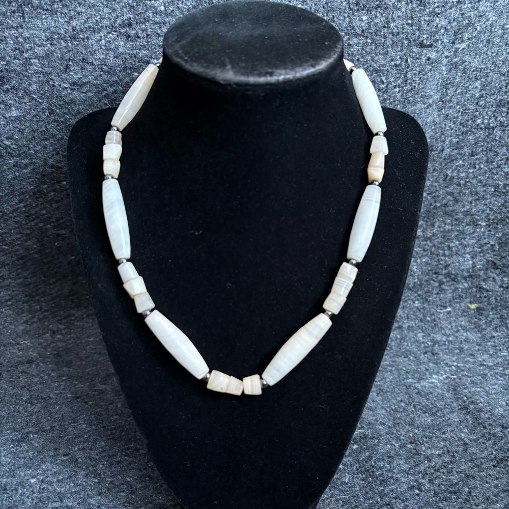 White Alabaster Stone Beaded Necklace with Hematite Spacers